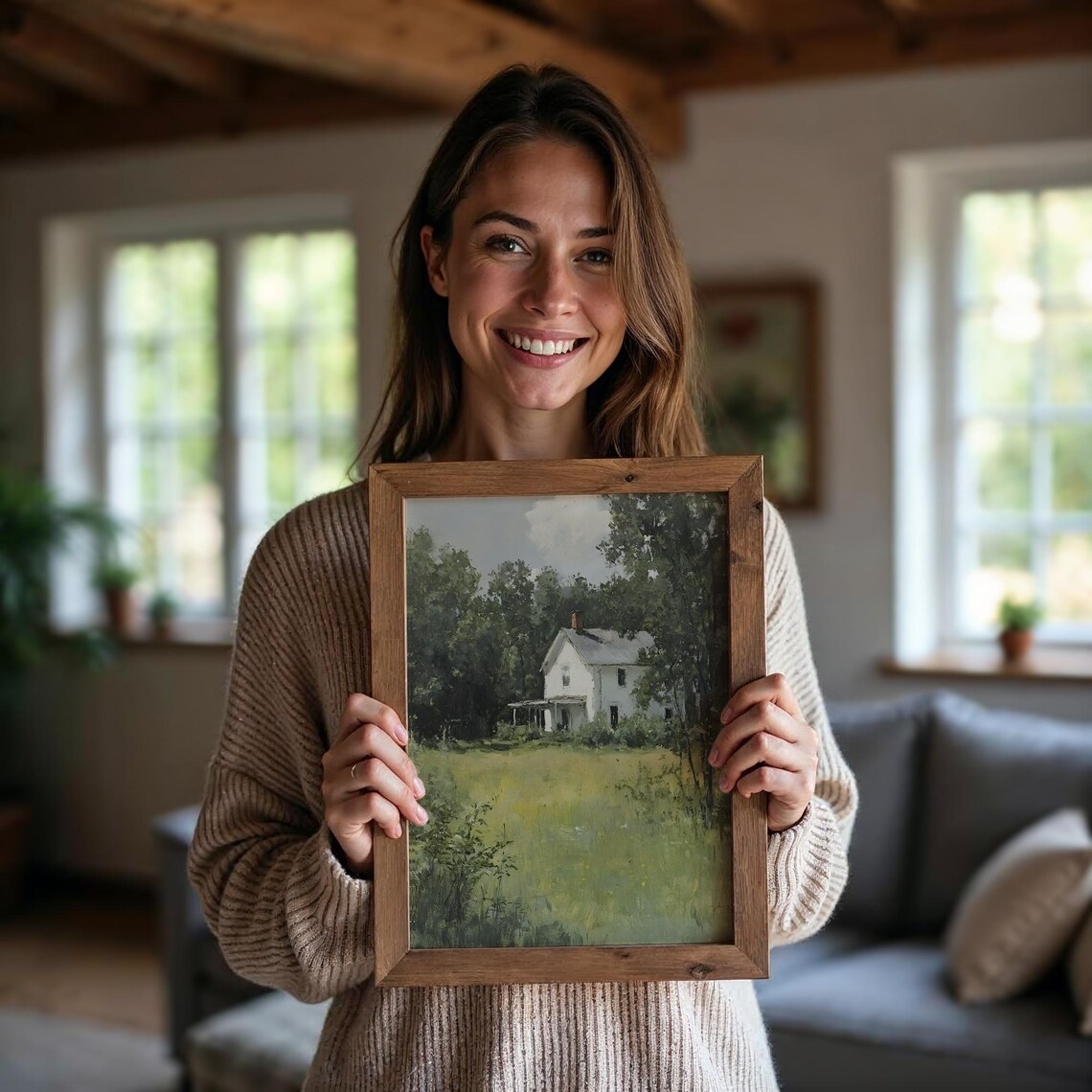 White Farmhouse Among Summer Trees Vintage Countryside Painting Poster - Image 5