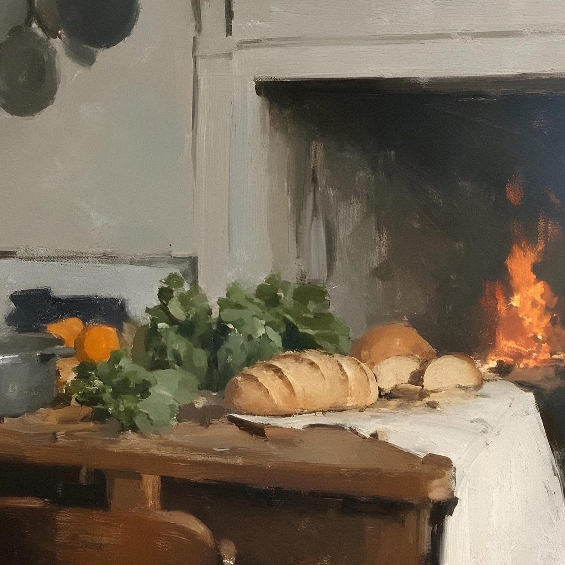 Rustic Kitchen Fireplace Wooden Table Bread Cozy Hearth Scene Poster - Image 2