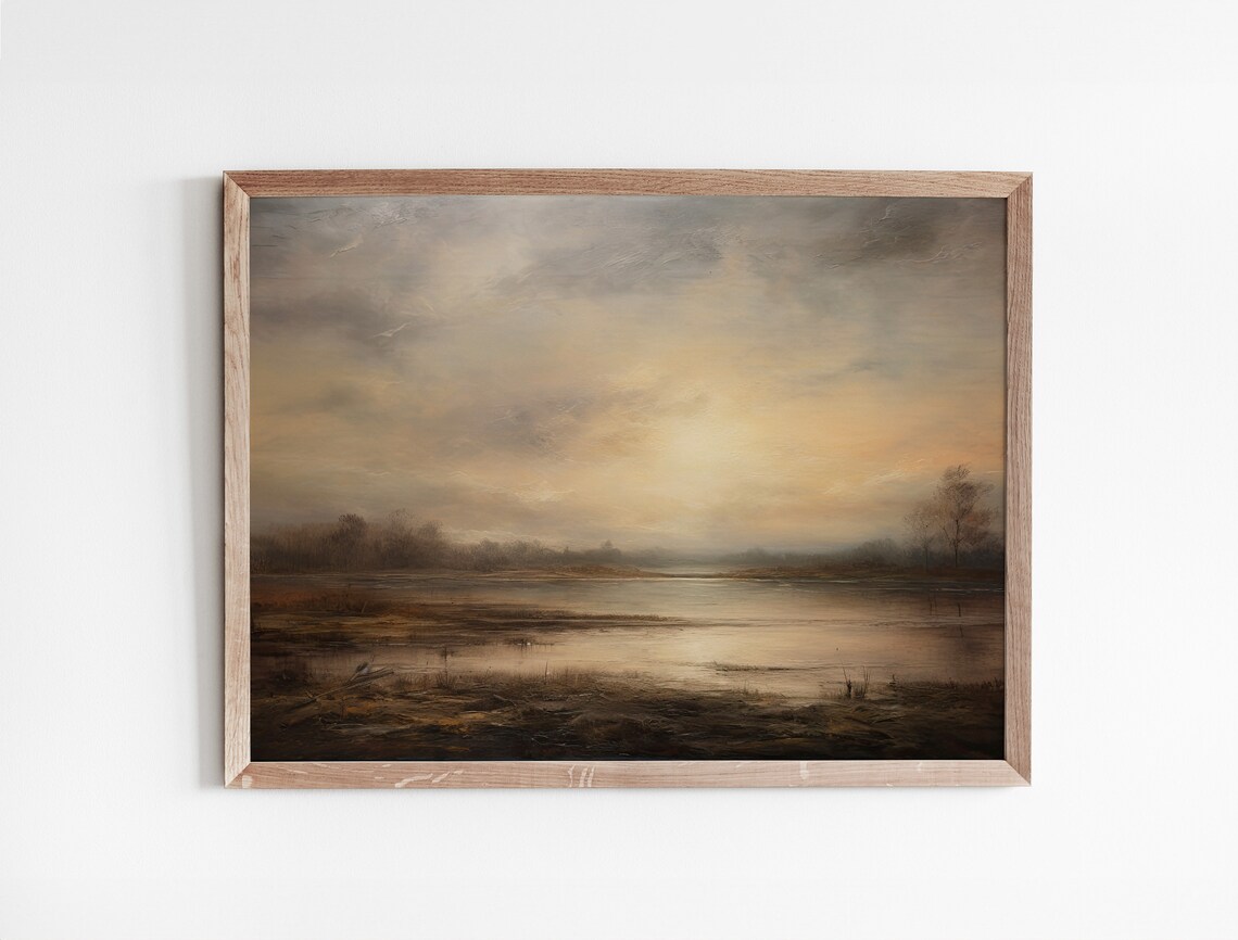 Moody Dark Lake Sunset with Golden Light Vintage Brown Landscape Poster - Image 3