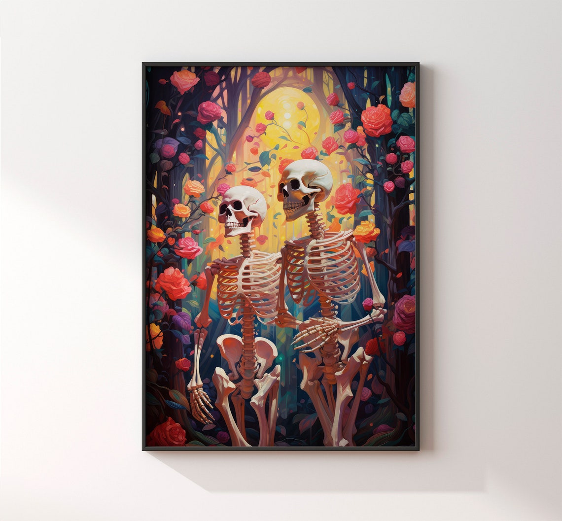 Skeleton Couple Among Red Roses In Moonlit Garden Halloween Poster - Image 3
