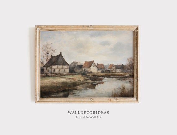 Country River Painting Vintage European Print Farmhouse Wall Decor Cottage Print Wall Art