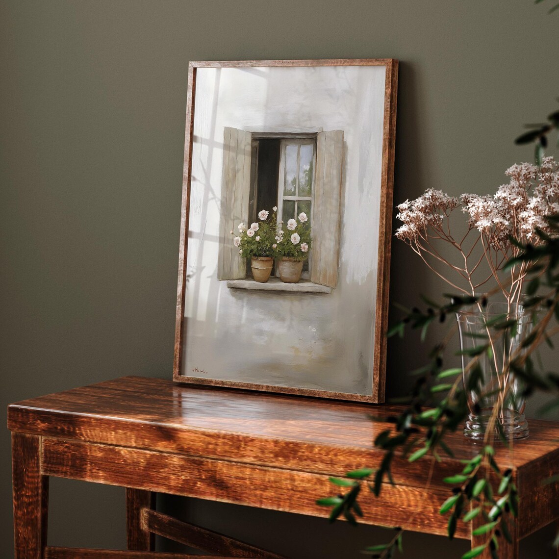 Shuttered Window With Potted Flowers On Sill Soft Neutral Spring Art Poster - Image 6