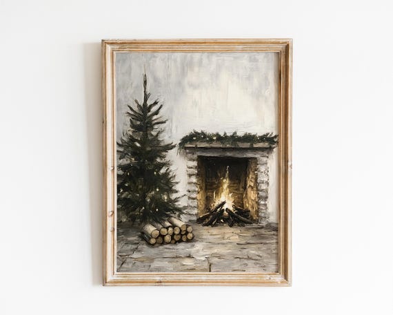 Vintage Winter Cabin Painting Moody Rustic Snowy Cabin Scene With Fireplace And Christmas Tree Vi114