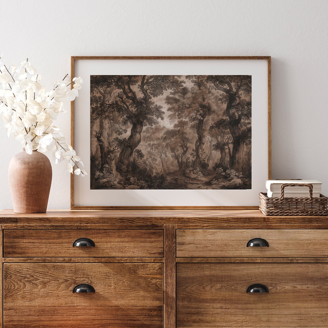 Dark Moody Forest Gnarled Trees Sepia Woodland Landscape Painting Poster - Image 3