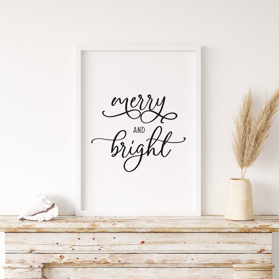 Merry and Bright Script Lettering Black White Christmas Poster - Image 2