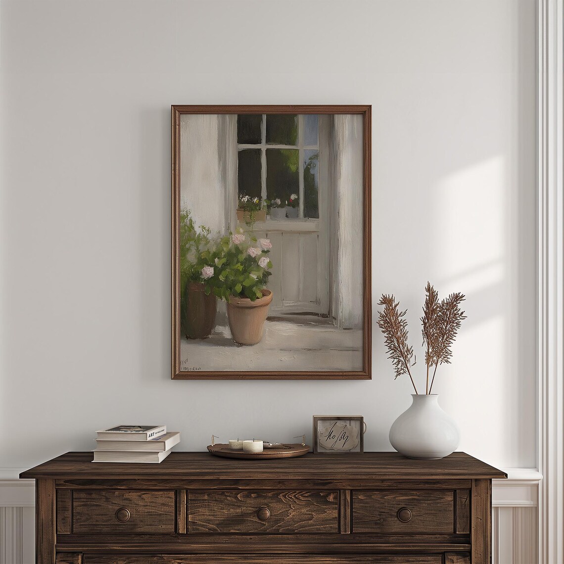 White Window With Terracotta Rose Pots On Sunlit Patio Spring Floral Poster - Image 4