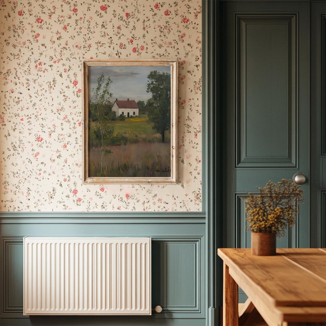 White House With Red Roof In Green Meadow Vintage Painting Poster - Image 3