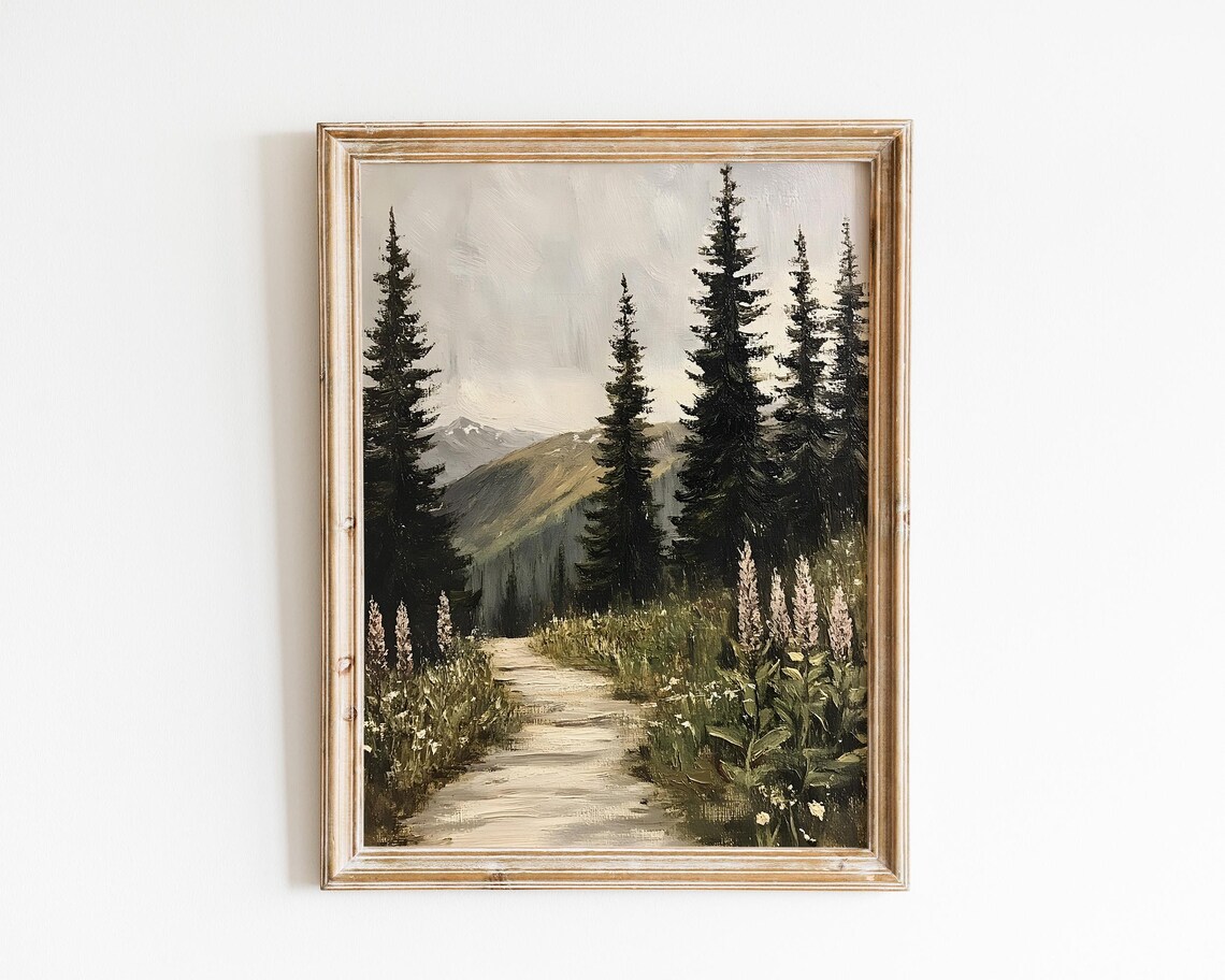 Vintage Mountain Trail Landscape, Rustic Forest Path