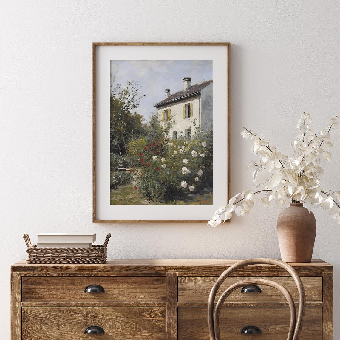 Vintage Cottage Garden Painting French Country Floral Landscape With House Rose Bushes And Trees Vi209 - Image 7