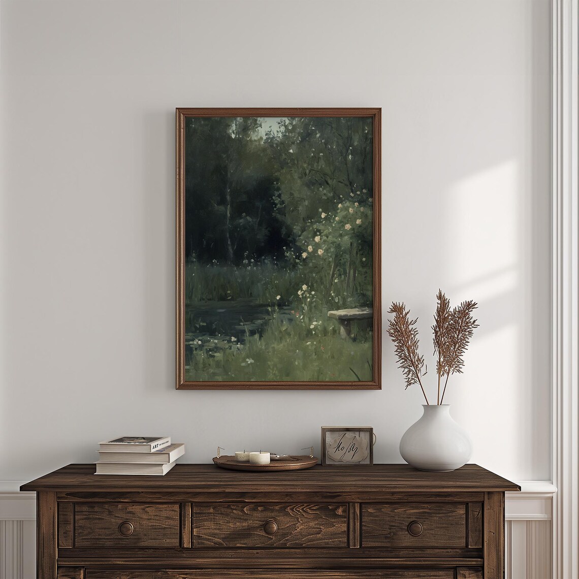 Moody Garden Pond Bench Dark Green Forest Oil Painting Wall Art - Image 4