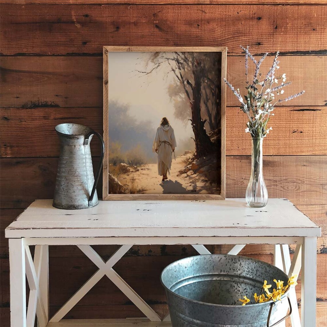 Jesus Walking the Path Misty Morning Warm Christian Oil Painting Poster - Image 4
