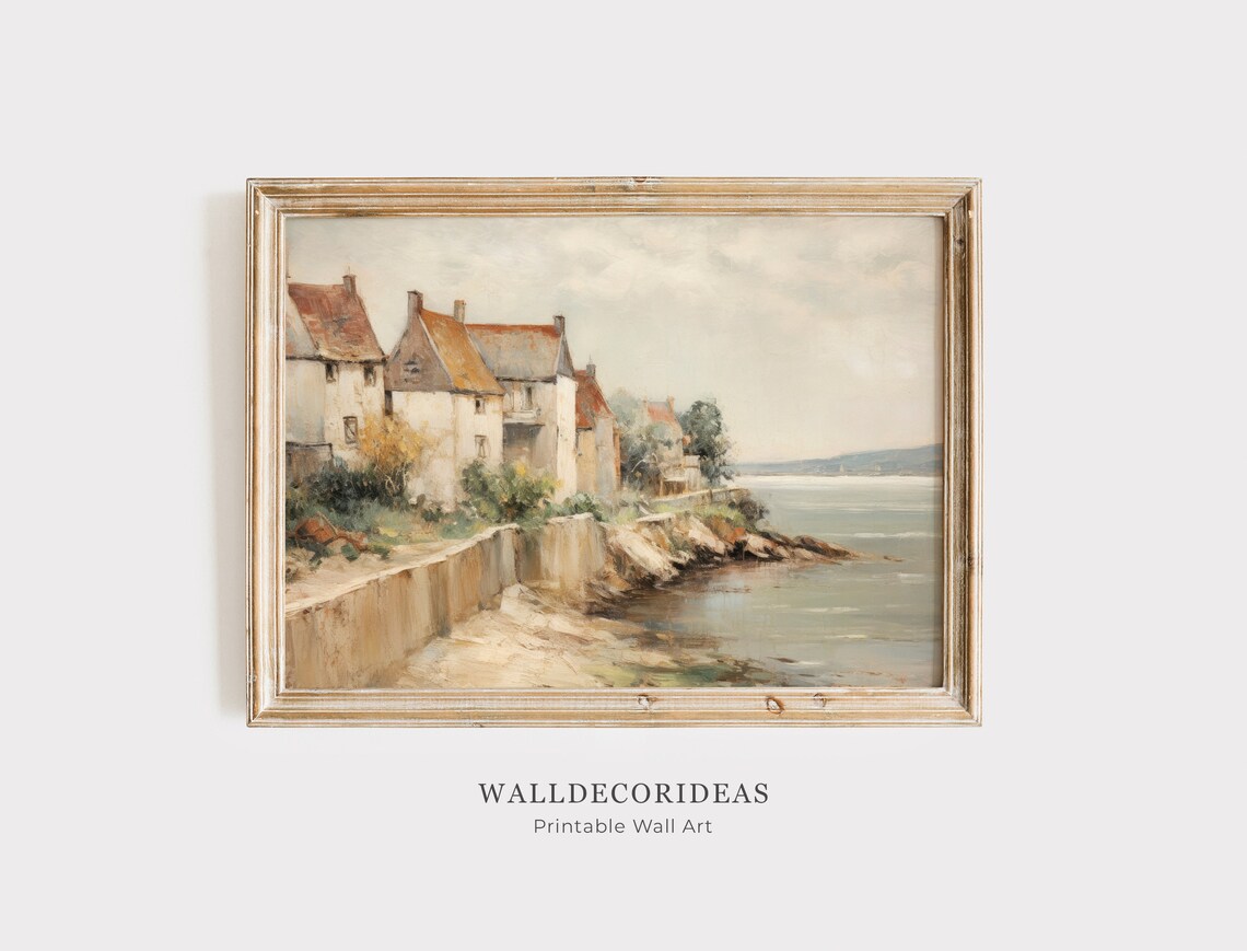 Neutral Beach Landscape Painting, Vintage Coastal Art Print