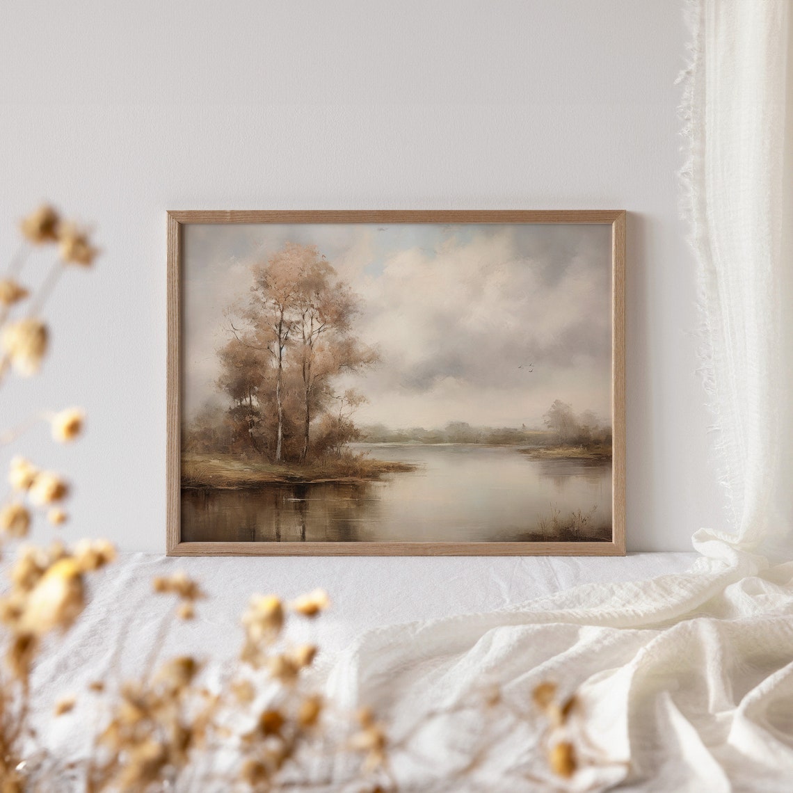 Autumn Lake Reflections Vintage Muted Tonal Landscape Painting Poster - Image 4