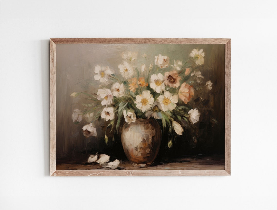 White Blossom Vase Moody Vintage Floral Still Life Painting Poster - Image 3