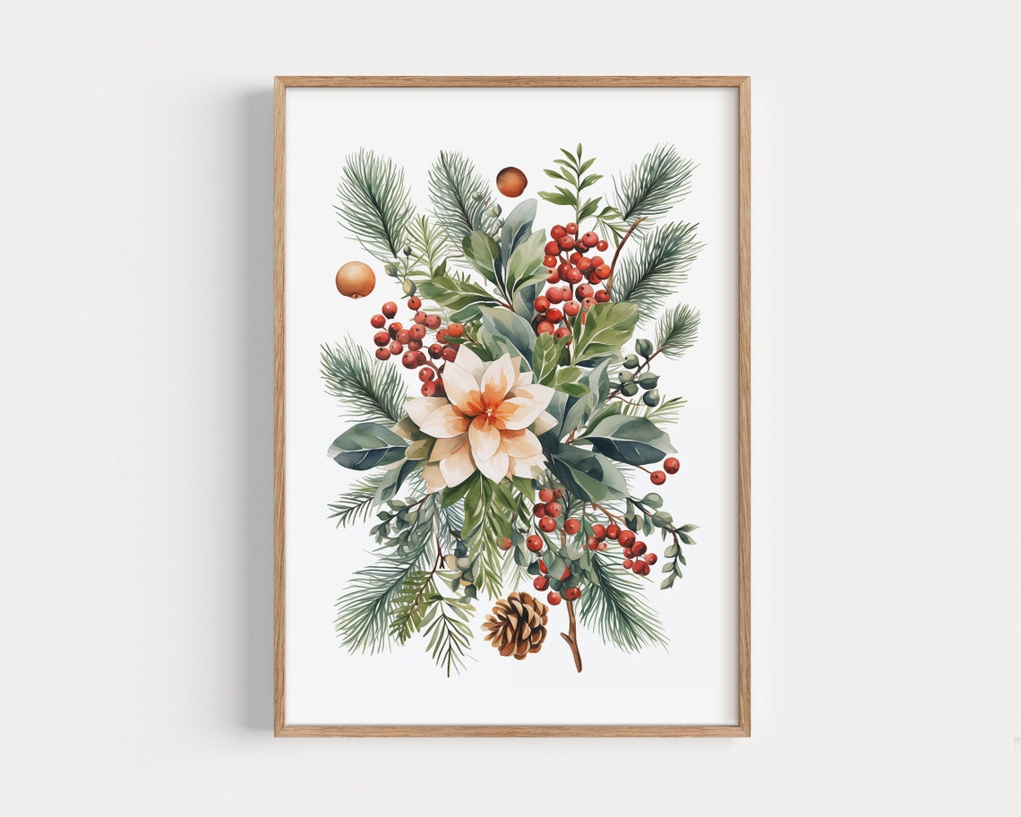 Winter Botanical Poinsettia Berries Watercolor Christmas Floral Poster - Image 4