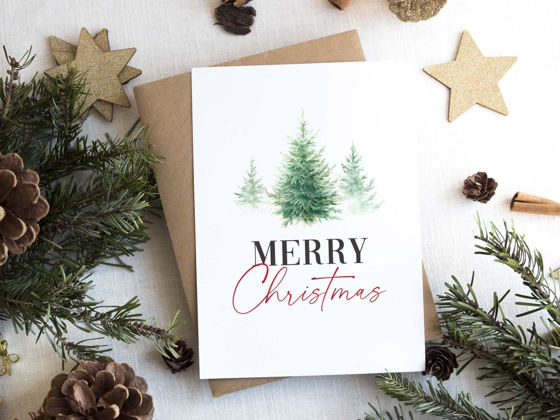 Merry Christmas Watercolor Pine Trees Red Script Holiday Poster - Image 4