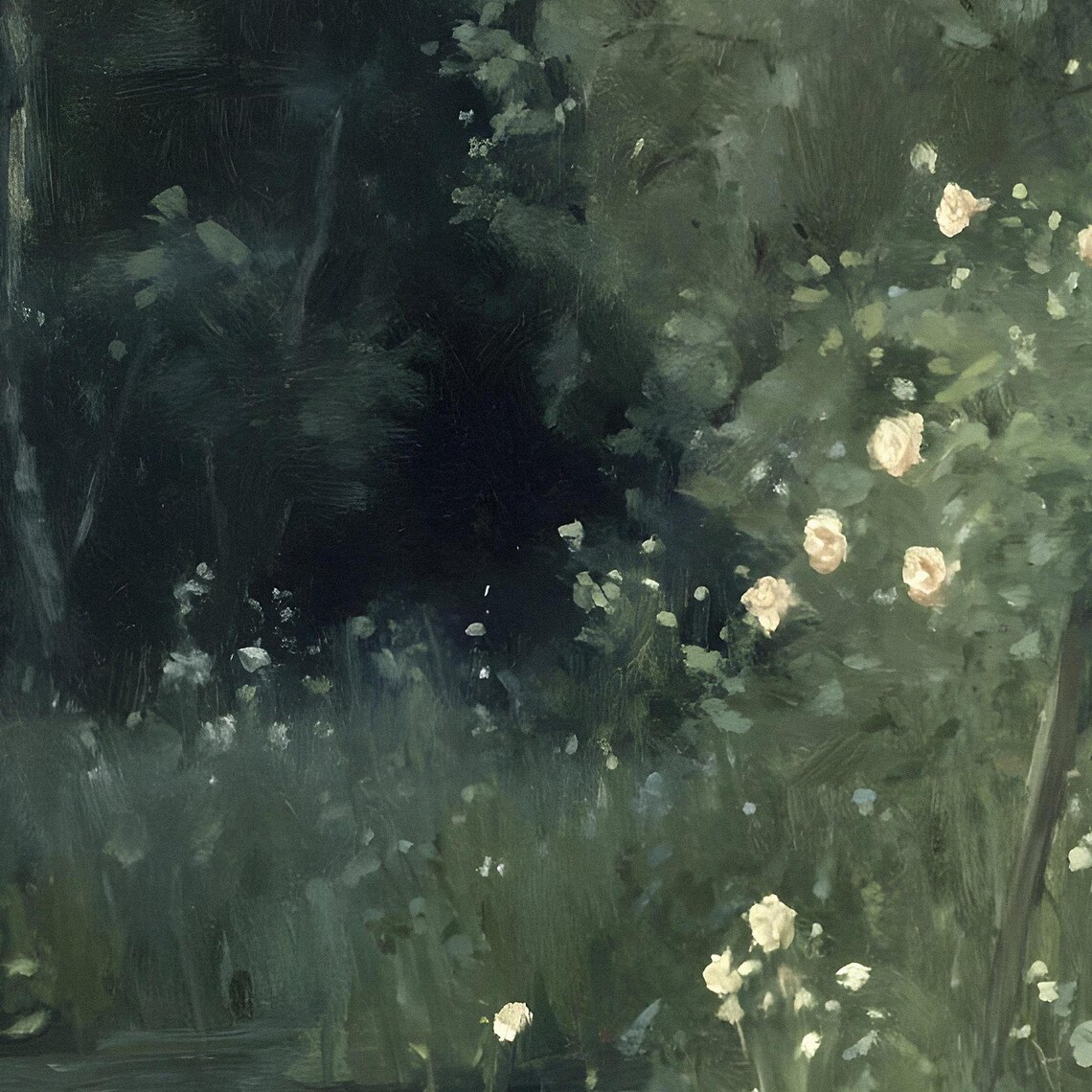 Moody Garden Pond Bench Dark Green Forest Oil Painting Wall Art - Image 2