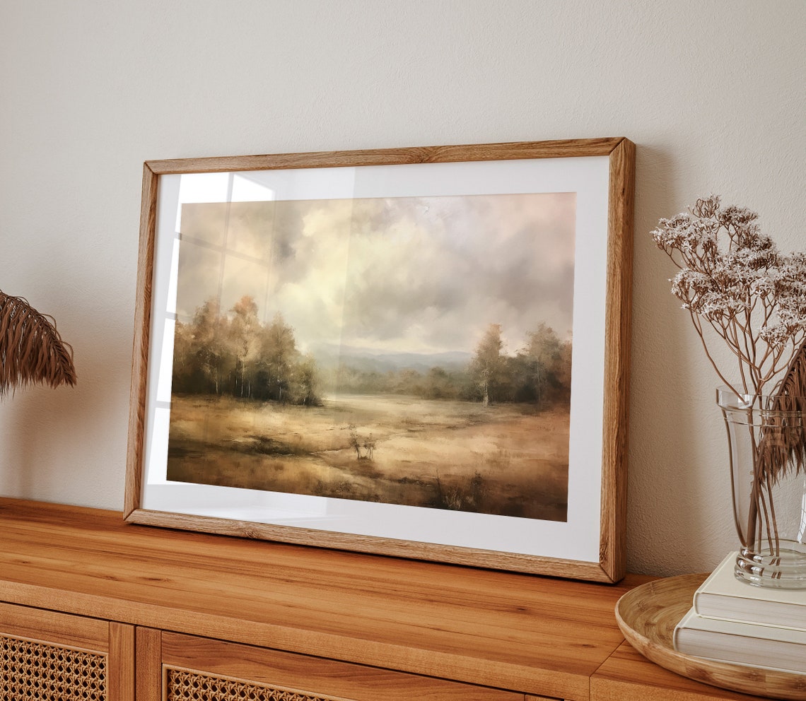 Muted Warm Tonal Forest Edge Meadow Landscape Painting Poster - Image 2