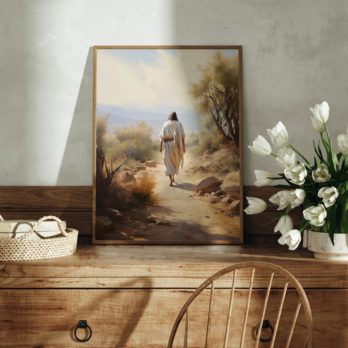 Jesus Walking on the Path Warm Tonal Christian Landscape Poster - Image 4