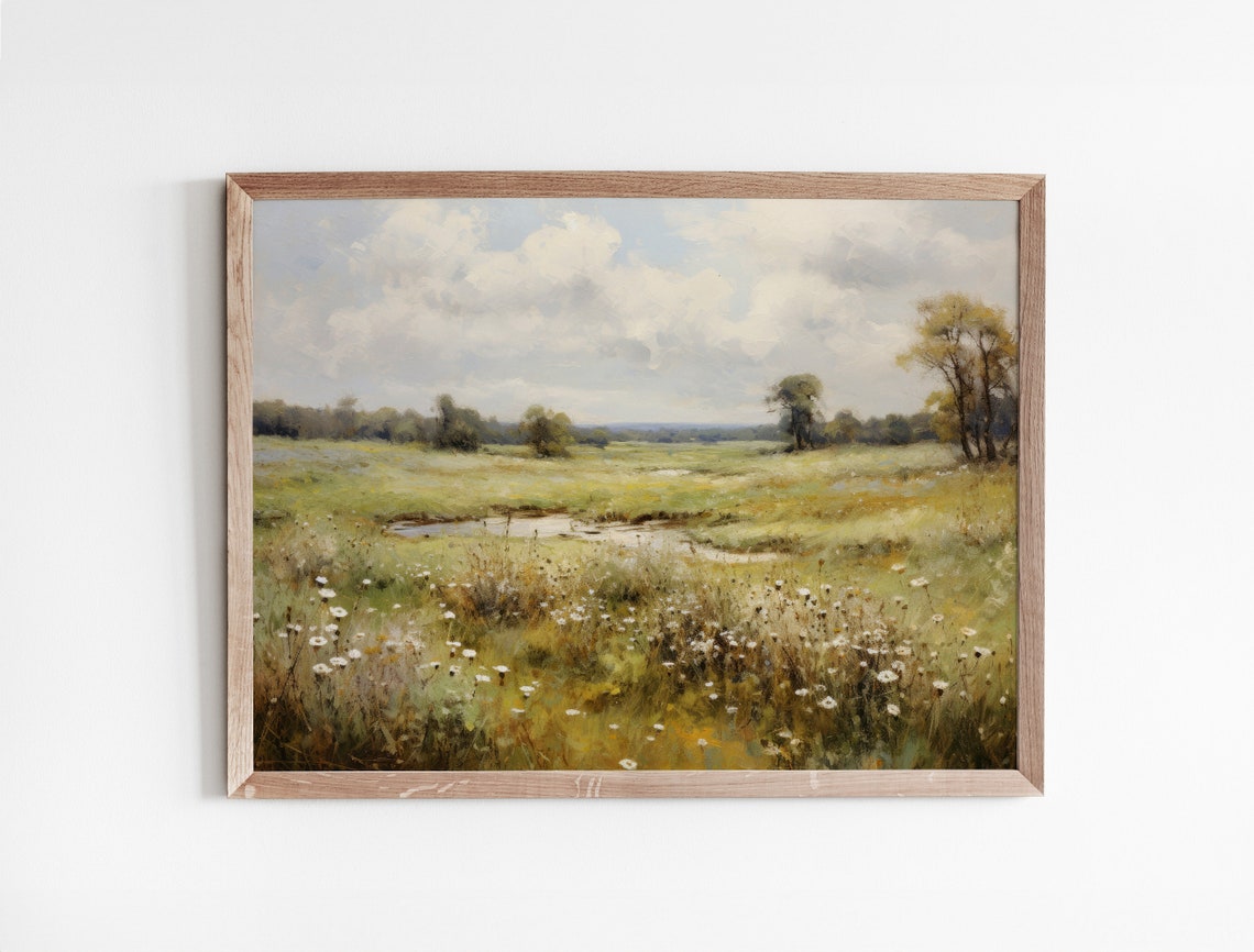 Wildflower Meadow With Pond Under Bright Blue Sky Painting Poster - Image 3
