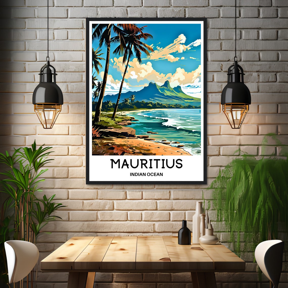 Mauritius Palm Beach Green Mountain Indian Ocean Travel Poster - Image 3
