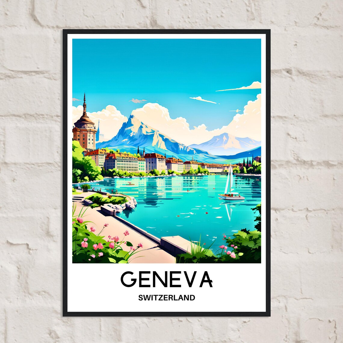 Geneva Lake Alpine Sailboat Scenic Switzerland Travel Poster - Image 2