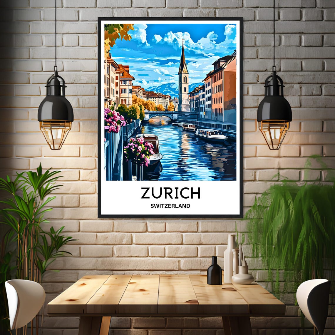 Zurich Switzerland Old Town Canal Vintage Travel Cityscape Art Poster - Image 3