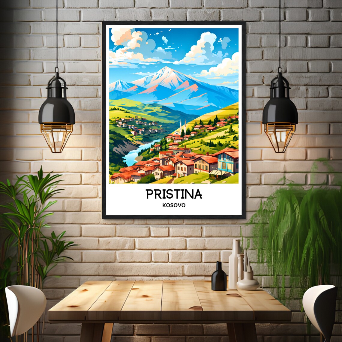 Pristina Kosovo Red-Roofed Hillside Village Under High Peak Poster - Image 3