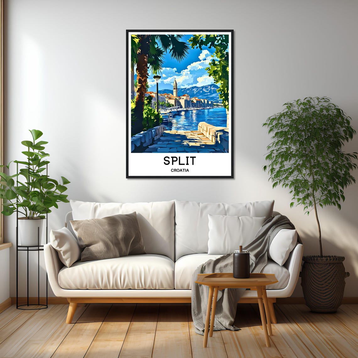 Split Croatia Sunny Harbor Waterfront Promenade Illustration Poster - Image 2