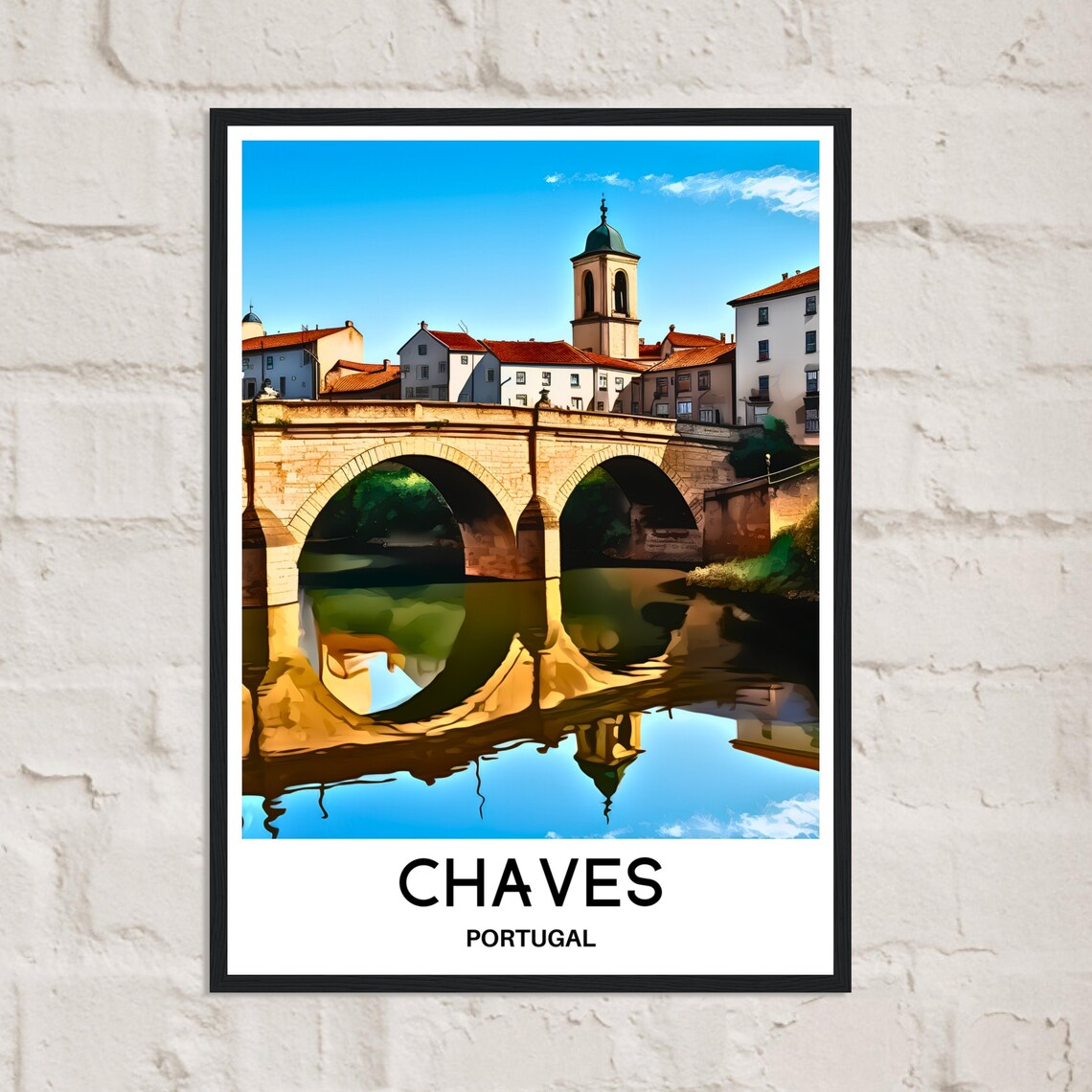 Vintage Chaves Portugal Old Stone Bridge River Town Travel Poster - Image 2