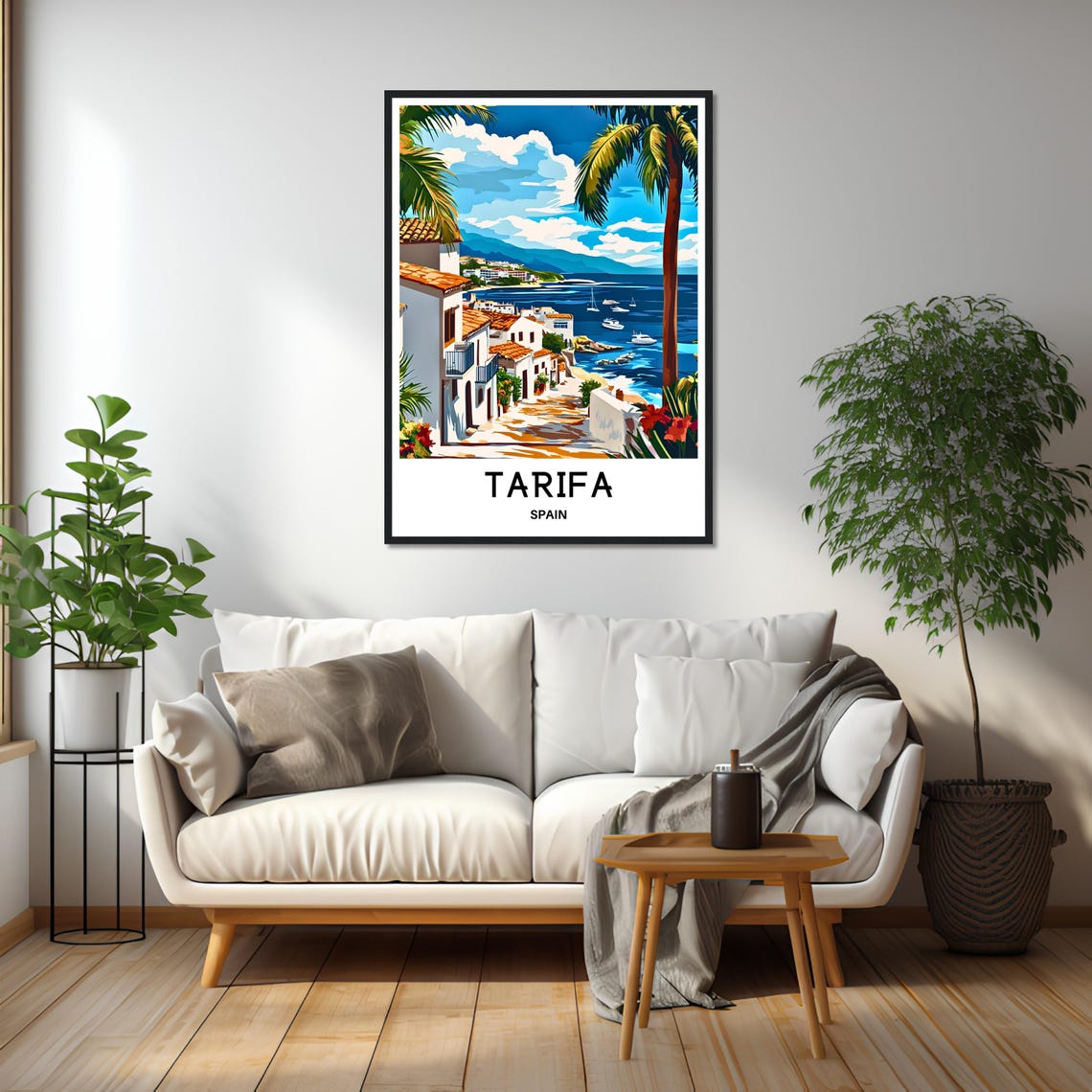 Tarifa Spain Old Town Street White Houses Palm Trees Bay View Poster - Image 2