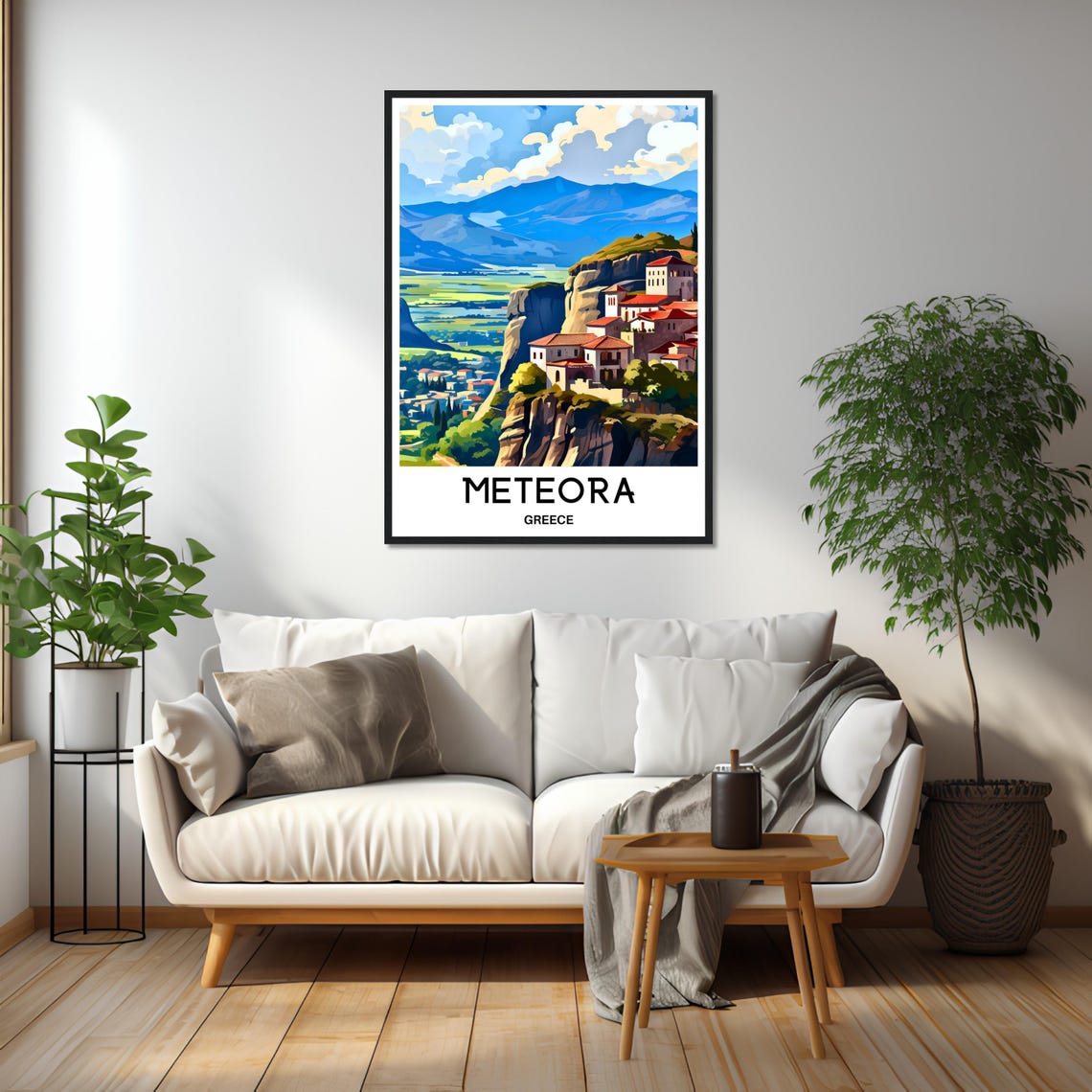 Meteora Greece Cliff Top Monastery Valley Dramatic Illustration Poster - Image 2