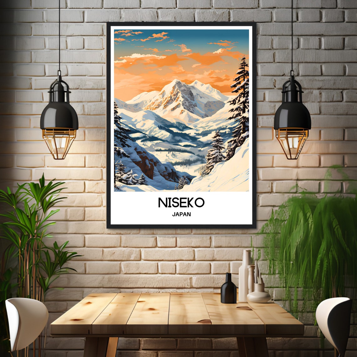 Niseko Japan Snowy Mountain Peaks Pines Sunset Orange Sky Poster - Image 3
