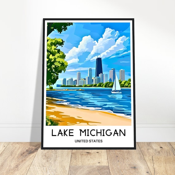 Lake Michigan Chicago Skyline With Sailboat Summer Travel Poster