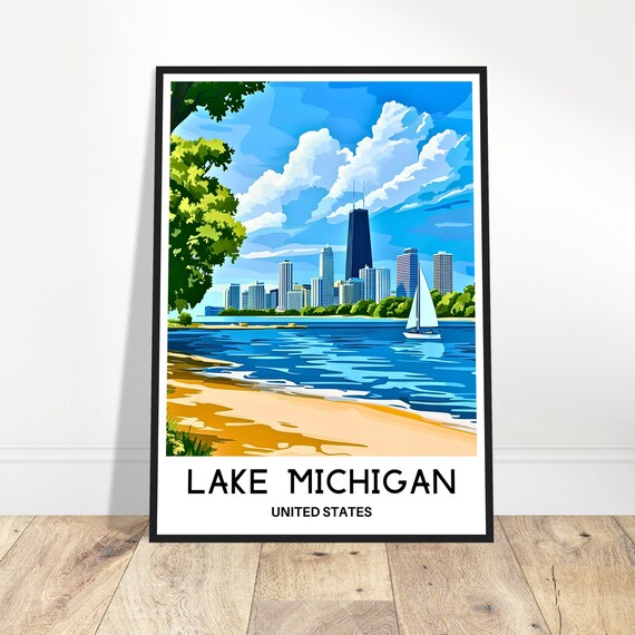 Lake Michigan Travel Print Poster Art United States Lover Gift Wall Hanging Illustration Home Office Decor