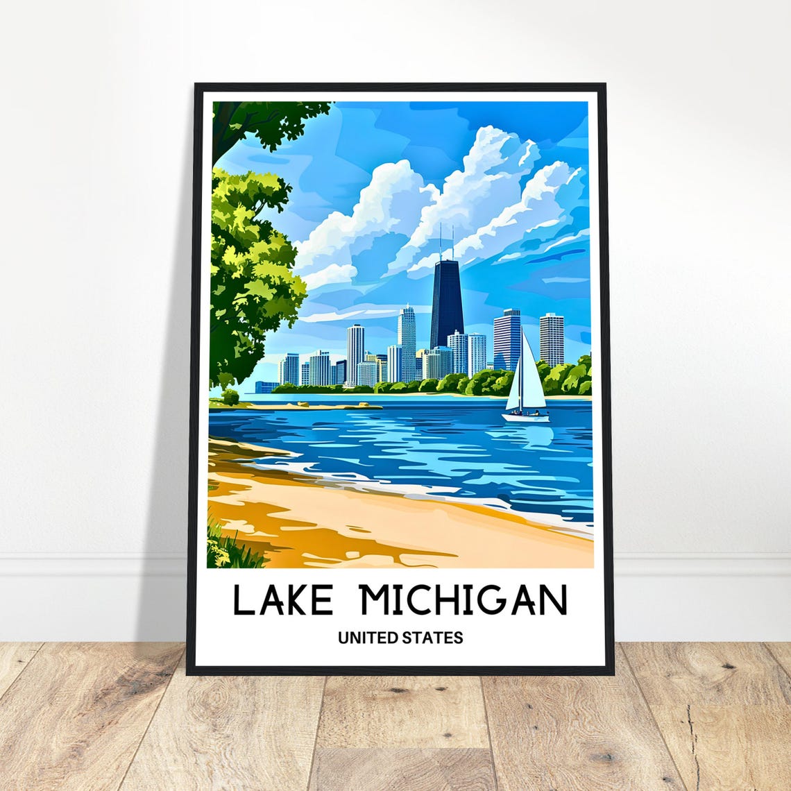 Lake Michigan Chicago Skyline With Sailboat Summer Travel Poster