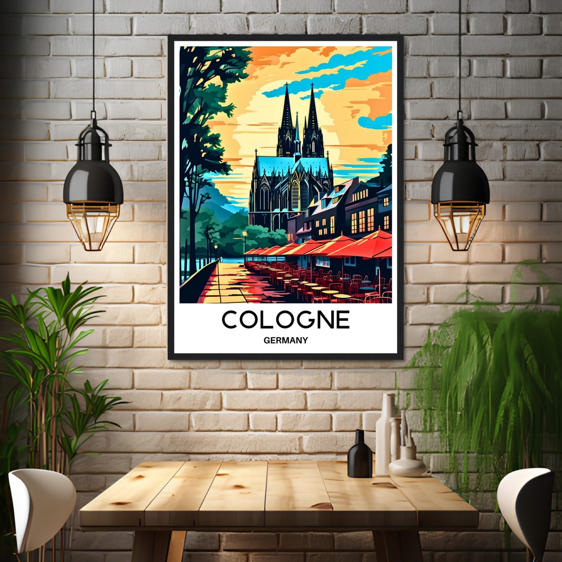 Cologne Germany Cathedral at Sunset by Riverside Cafes Poster - Image 3