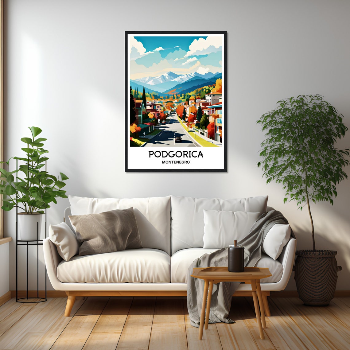 Podgorica Montenegro Autumn City Street with Mountain Views Poster - Image 2