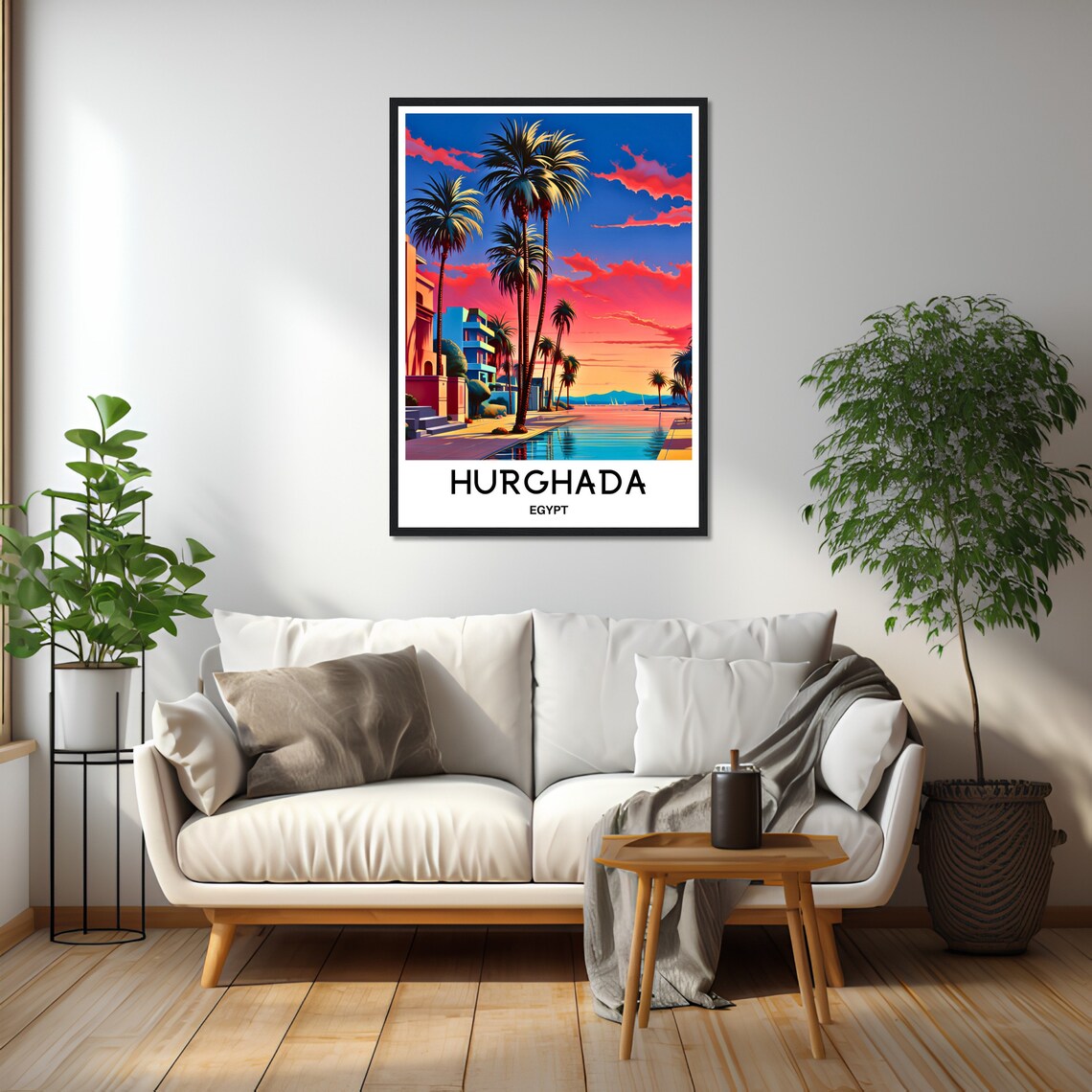 Hurghada Egypt Palm Beach Neon Pink Sunset Resort Travel Poster - Image 3