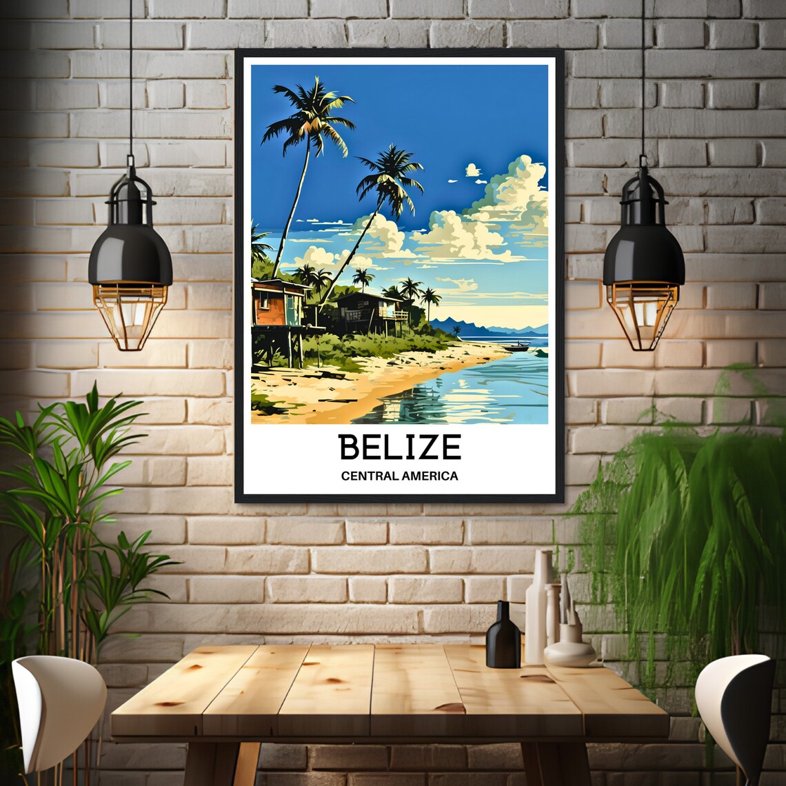 Belize Central America Beach Stilt Houses Palms Travel Art Poster - Image 3