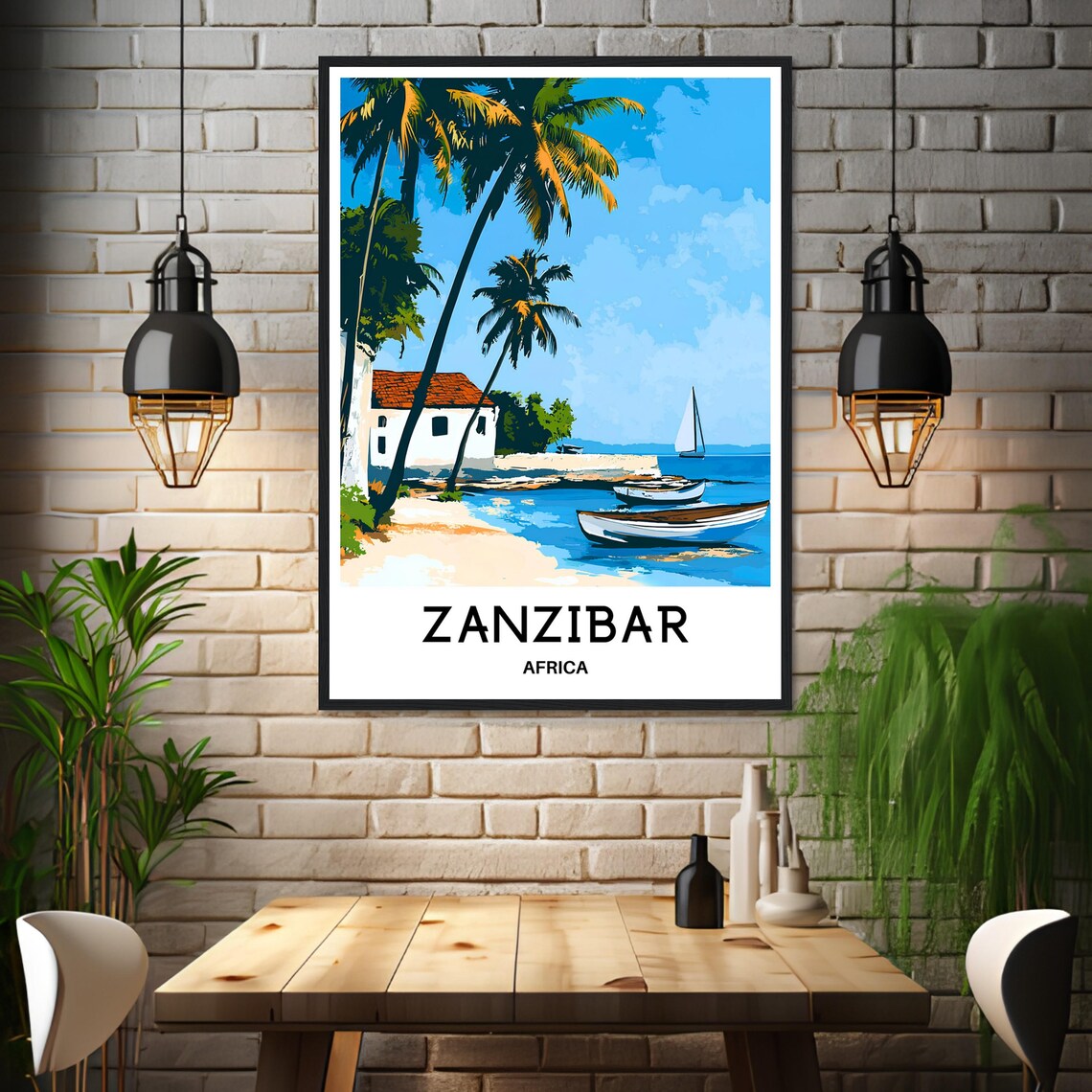 Zanzibar Africa Palm Beach Boats And Sailboat Island Scene Poster - Image 3