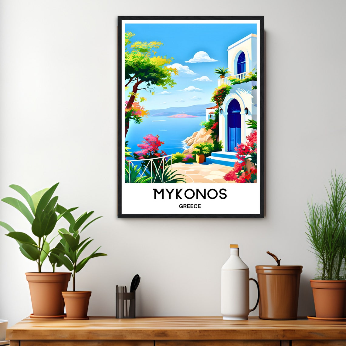 Mykonos Greece White Villa Blue Door Overlooking the Sea Poster - Image 3