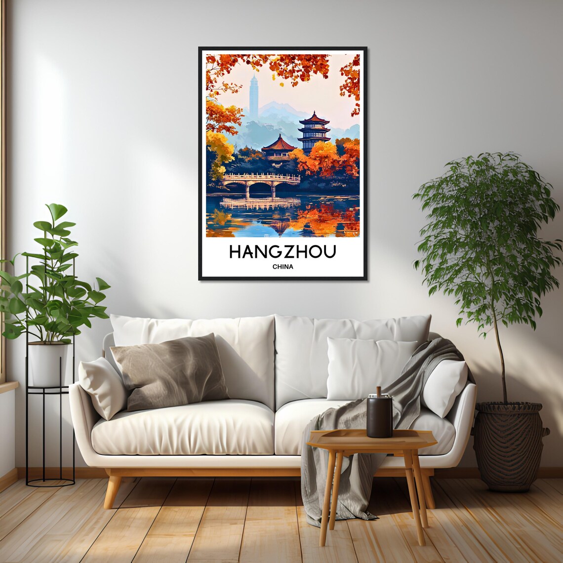 Hangzhou China Autumn Lake Pagoda Illustrated Vintage Travel Poster - Image 2
