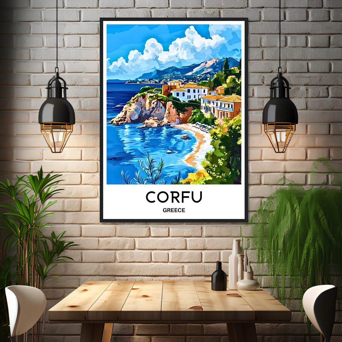Corfu Greece Cliffside Village Beach Vintage Travel Island Art Poster - Image 3
