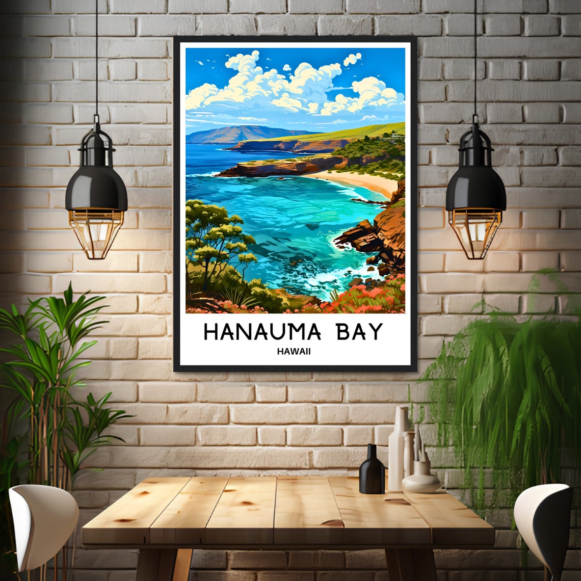 Hanauma Bay Hawaii Vintage Travel Turquoise Coastline Poster - Image 3