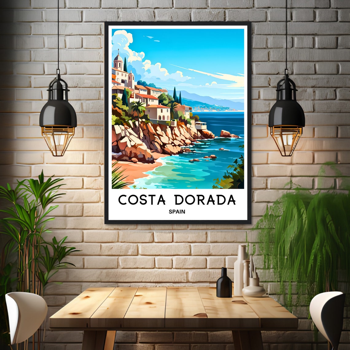 Costa Dorada Spain Cliffside Town Cove Beach Travel Art Poster - Image 3