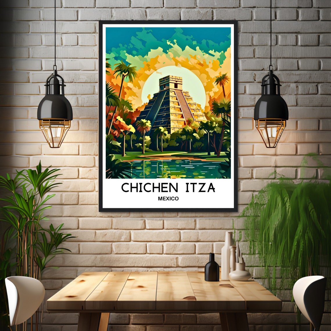 Chichen Itza Pyramid Mexico Travel Poster at Fiery Tropical Sunset - Image 3