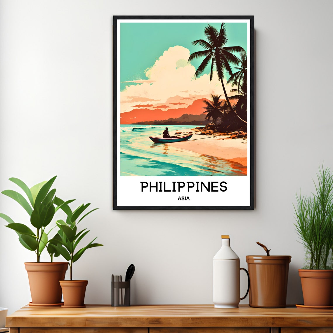 Philippines Warm Sunset Beach Orange Mountains Travel Poster - Image 3