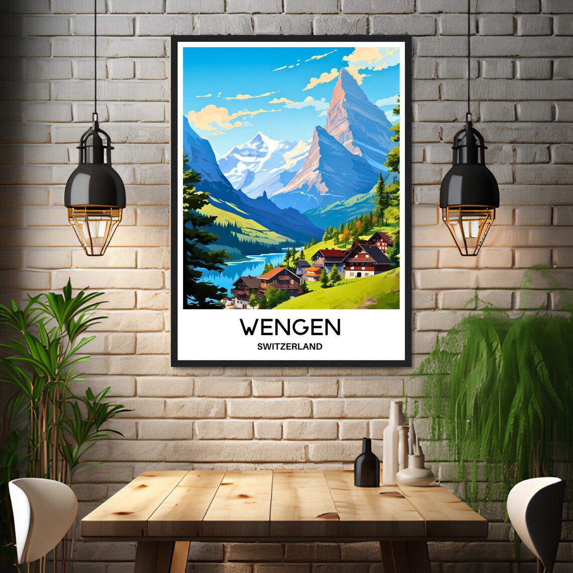 Wengen Switzerland Alpine Village Lake and Peaks Travel Poster - Image 3