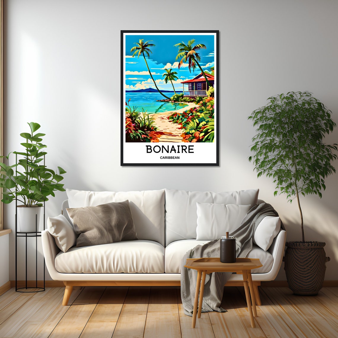 Bonaire Palm Framed Sandy Path to a Red Roofed Beach House Poster - Image 2